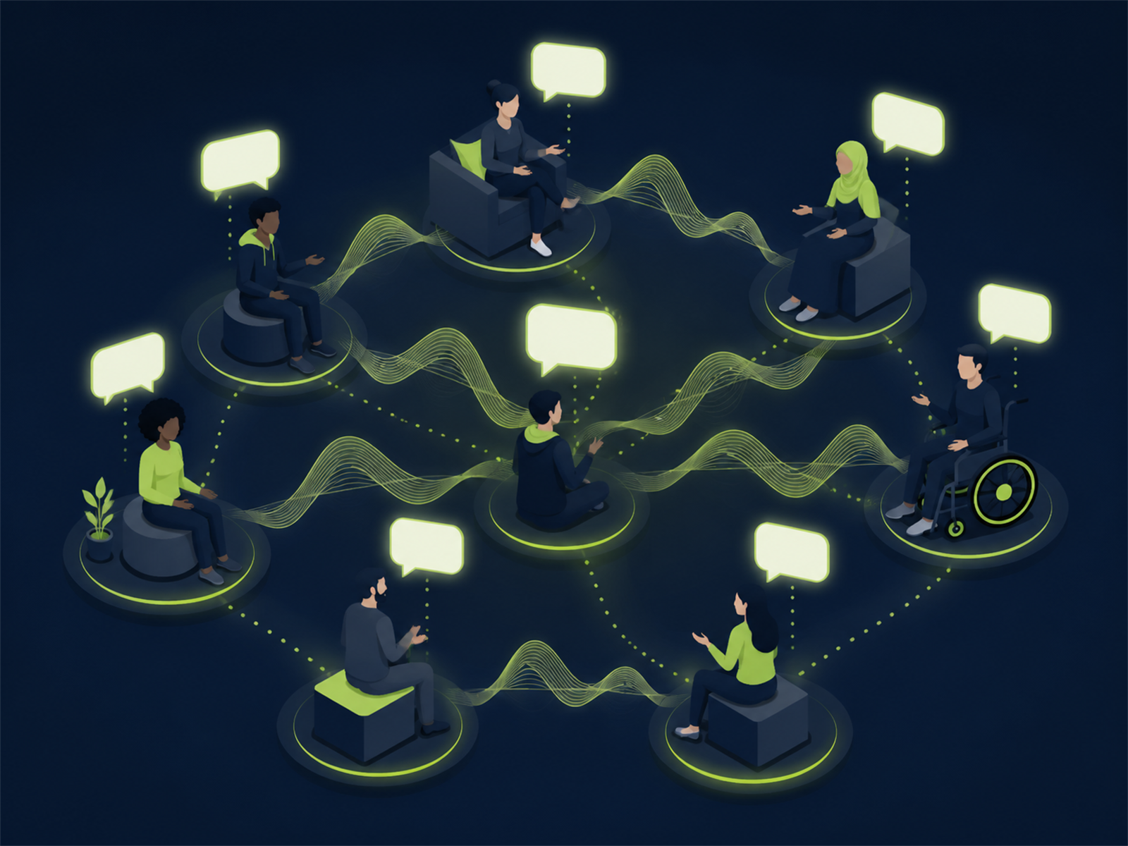 A network of people connected by continuous conversation — AIONSITE's always-on listening